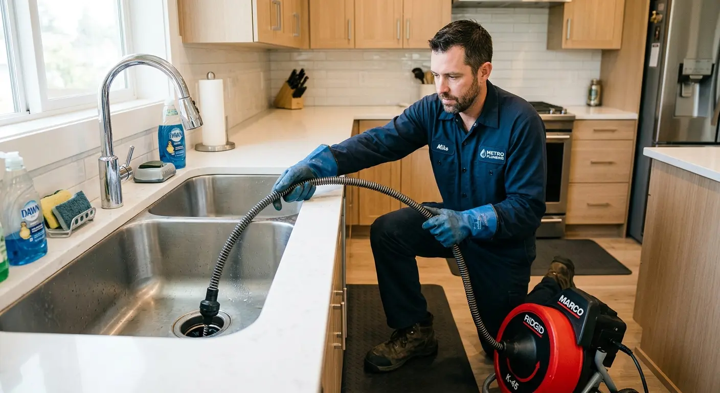 Drain cleaning technician using a motorized snake on a kitchen sink in Fort Lee