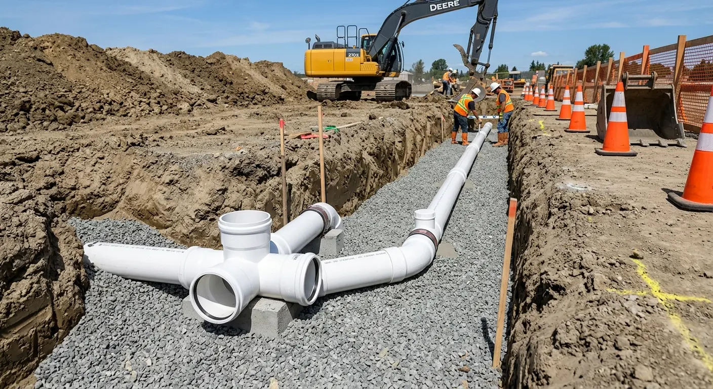 New PVC sewer pipe installation in open trench for Sewer Backup in Fort Lee